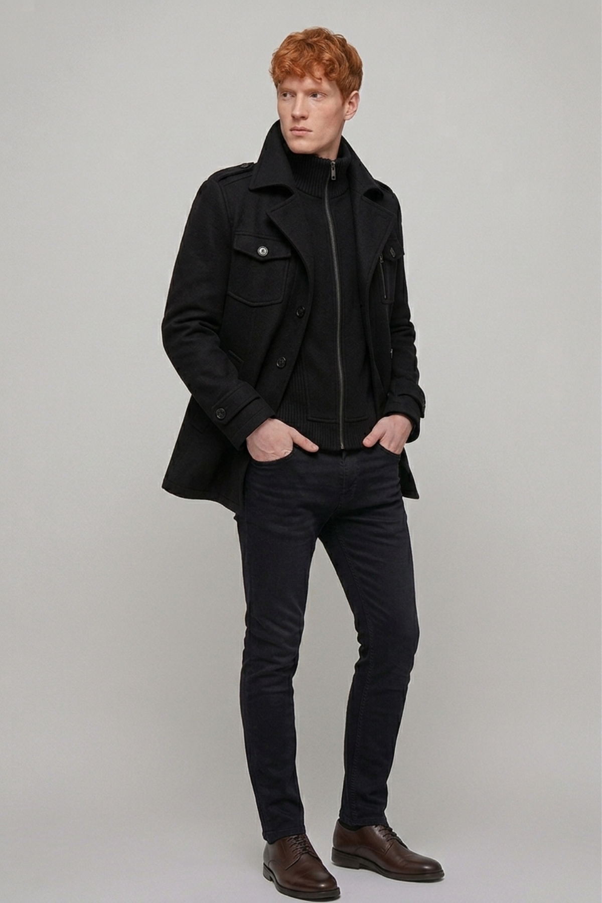Men's Wool-Blend Coat with Layered Knit Collar