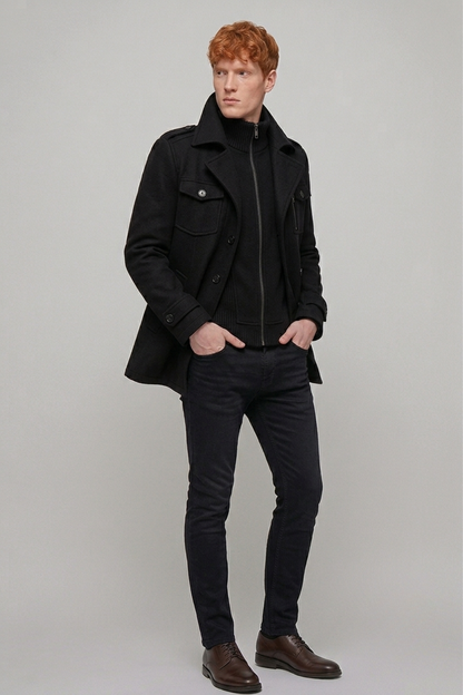Men's Wool-Blend Coat with Layered Knit Collar