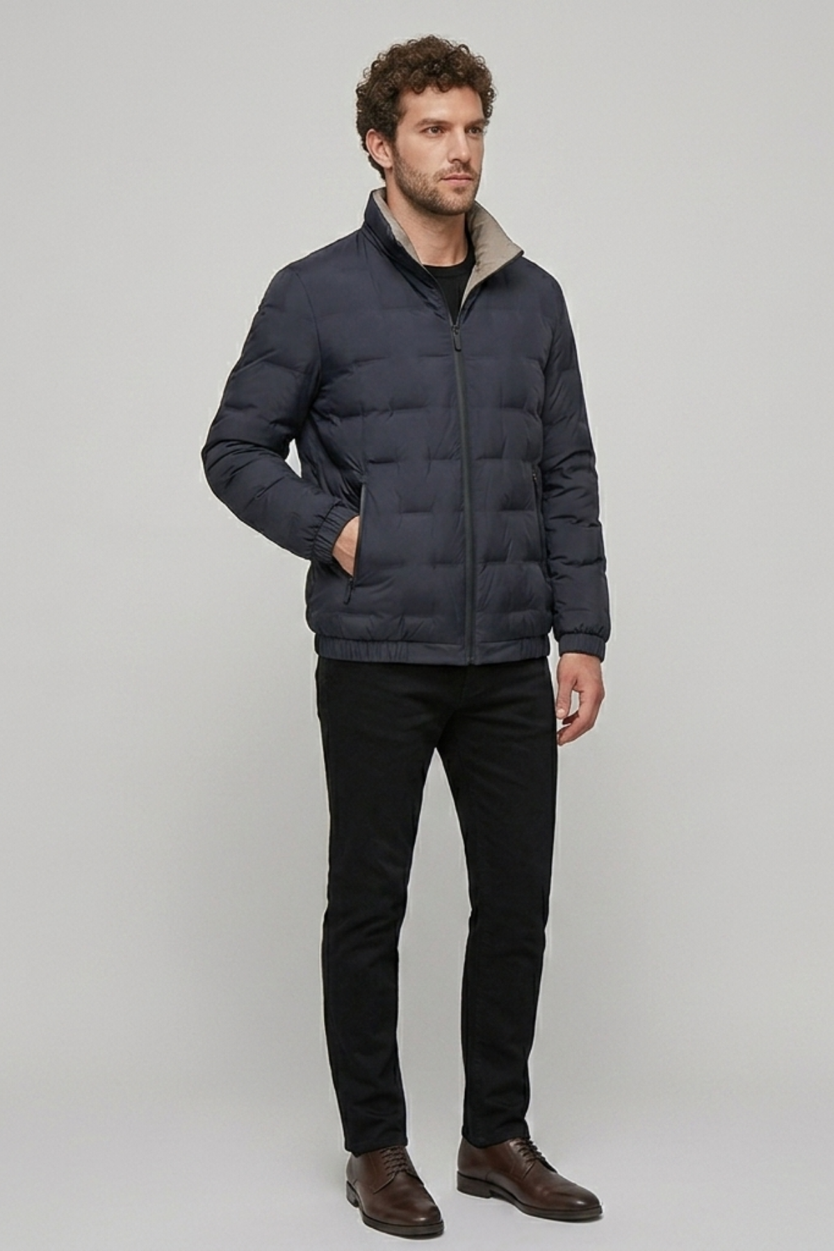 Men's Quilted Puffer Jacket with Funnel Neck