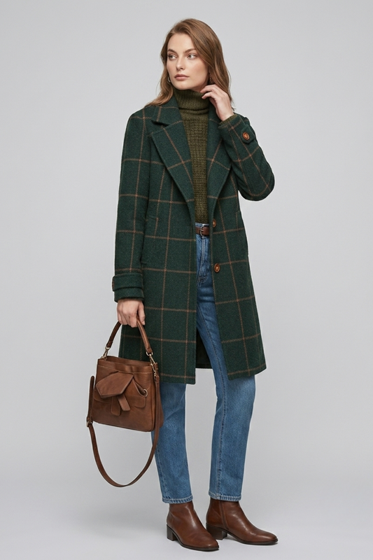 Women's Windowpane Check Wool Coat