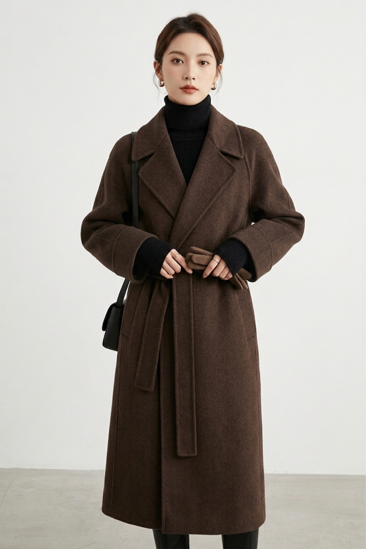 Elegant Longline Wool Belted Wrap Coat