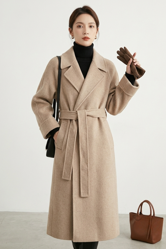 Elegant Longline Wool Belted Wrap Coat