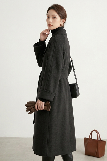 Elegant Longline Wool Belted Wrap Coat