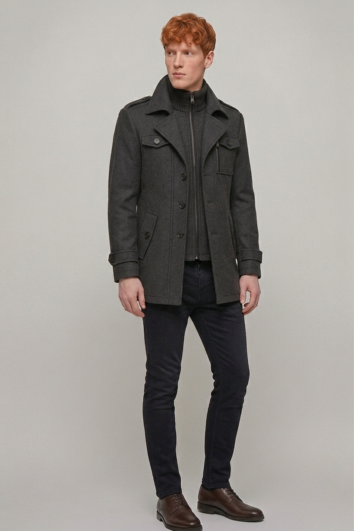 Men's Wool-Blend Coat with Layered Knit Collar
