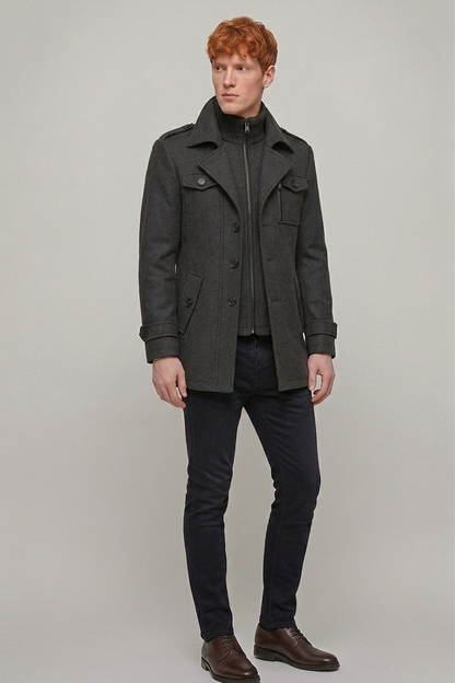 Men's Wool-Blend Coat with Layered Knit Collar