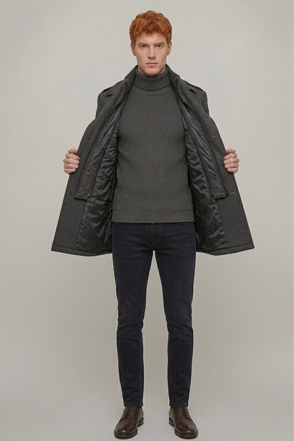 Men's Wool-Blend Coat with Layered Knit Collar