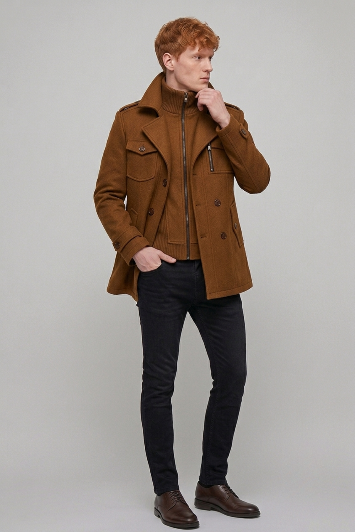 Men's Wool-Blend Coat with Layered Knit Collar