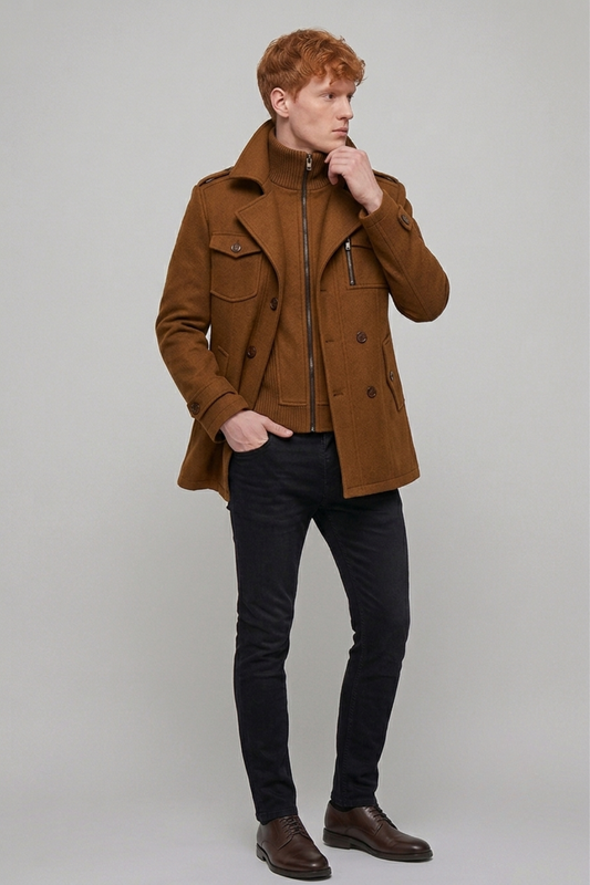 Men's Wool-Blend Coat with Layered Knit Collar